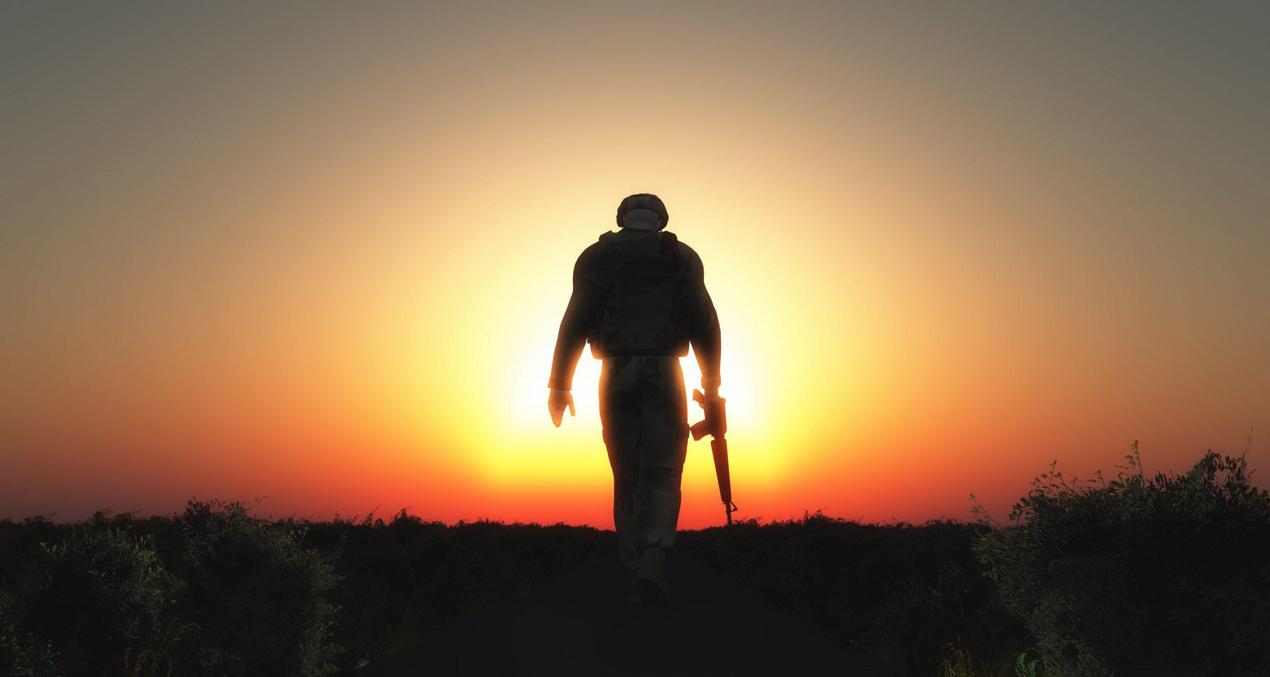 3d-soldier-walking-at-sunset